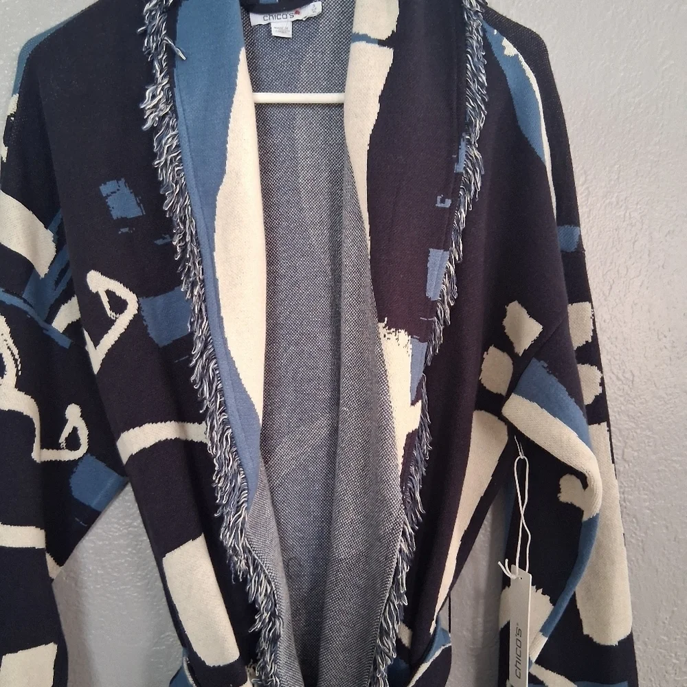 Chico's NWT Modern Impress Fringe Cardigan Classic Navy Abstract 3/XL